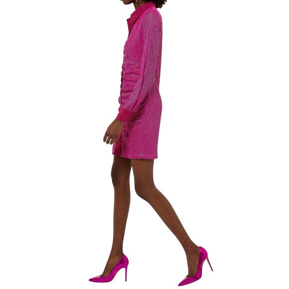 In The Mood For Love Lina Hot Pink Barbie Sequin Ruched Button Up Mini Dress M - Picture 15 of 16